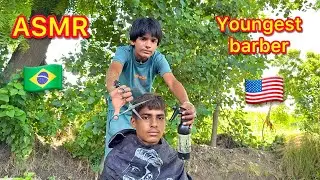 ASMR youngest barber 💈 in the world haircut in sugarcane field 