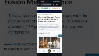 Block deal: Warburg Pincus arm to sell 9.25% stake in Fusion Micro Finance