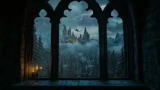 Magical Rainy Castle Window View, Relaxing Night Ambience Sounds for Stress Relief & Sleep