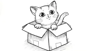 How to Draw a Cute Cat in a Box 🐱📦 | Easy Drawing Tutorial | Cat Drawing