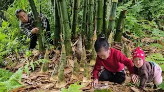 My green forest and my daughter Harvesting bamboo shoots to sell at the market with my daughter.