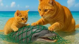 Mama Cat Rescues Trapped Dolphin,🐬 Gets Rewarded with Fish, Cooks and Grill Beachside Feast 🐾🍲🐱