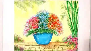 Home garden / Beautiful flower pot / Watercolor