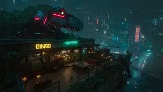 Jurassic Neon | Cyberpunk Rooftop Caf&eacute; Under Neon Rain | 4K [DINSO]