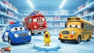 Supermarket Kart Chaos | Yellow Bus, Blue Police Car, and Red Fire Truck for Kids