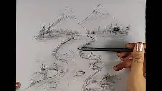 Mountain River Landscape Drawing Tutorial || Step by Step Pencil Sketch