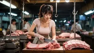 Beautiful Butcher Girl Cutting Pork Ribs Like a Pro | Satisfying Cleaver Skills