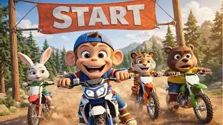 Baby Monkey Leads the Dirt Bike Race 🏁🐵🐯🐰🐻 | Wild Forest Racing Adventure