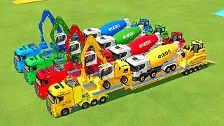 TRANSPORTING EXCAVATOR, MIXER TRUCK, BULLDOZER, POLICE CARS TO GARAGE WITH MAN TRUCK - FS22