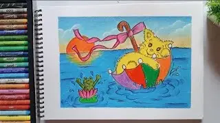 How To Draw Cat With Umbrella || Easy Drawing Step By Step With Oil Pastel || For Beginners ||