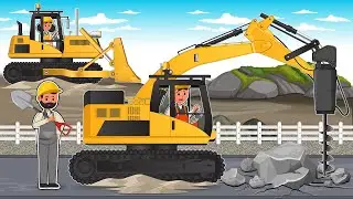 Excavator with Hydraulic Hammer Break the Rockfall and Repair Mountain Pass | Construction Vehicles