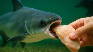 MONSTER SHARKS FEEDING . FEEDING CHICKEN TO IRIDESCENT SHARKS .