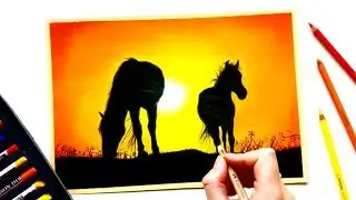 Drawing grazing horses at sunrise | Soft pastels | Leontine van vliet