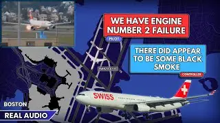 Engine failure. Swiss Airbus A330 rejects takeoff and stops on runway at Boston Airport. Real ATC