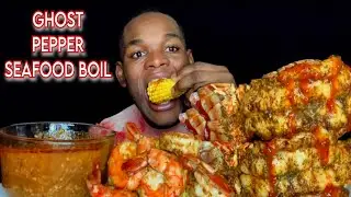 GHOST PEPPER SEAFOOD BOIL MUKBANG | JUICY LOBSTER TAILS + GIANT SHRIMP SEAFOOD BOIL