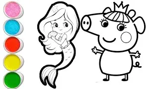 Peppa pig with mermaid drawing and coloring for kids and toddlers || easy peppa pig drawing for kid