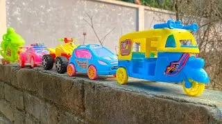 Satisfying Toy Colorfull CNG Auto Rickshaws, Police Car, Quaid Bike Hand Driving On Boundary Wall