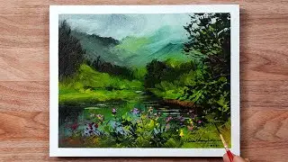 Peaceful Lake between Mountains / Acrylic Landscape Painting on Paper / Hamlet Shougrakpam Art