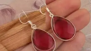 925 Sterling Silver Faceted Rubellite Quartz Earrings, Designer Handmade Bezel Set Pear Silver Ea...