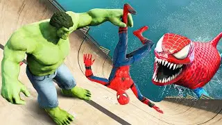 GTA 5 Water Ragdolls Spiderman and Hulk vs Spider-Shark (Ragdolls/Euphoria Physics)