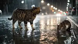A Cat Saves a Mouse in the Rainy Night | When Kindness Overcomes Instinct