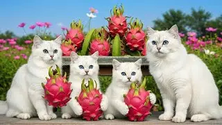 🐱Papa Cat, Mama Cat, and Kitten Enjoy Dragon Fruit Harvest Day | Funny cats videos 2025