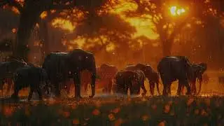 ASMR Rainfall Serenade: African Sunset with Elephants 🌅🐘 | Nature's Symphony