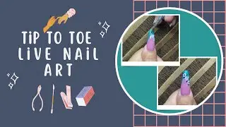 Tip to toe Live Stream | Beautiful Pink Nails With Blue French Tips And Flower Tutorial In Live