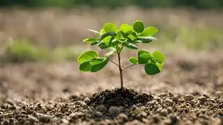 A closeup of a small green plant emerging from the soil, symbolizing growth and new life, close-up