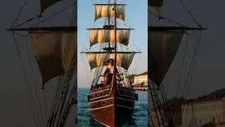 AI Generate Pirate ship sailed by ginger cat as it passes near the shore. #aianimation #gingercats