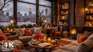 New York Winter Jazz ☕ Cozy Balcony Café Ambience with Crackling Fireplace for Study & Work
