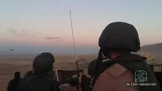 Russian military helicopters destroy criminal formations in Syria. Helicopter Mil Mi-24.