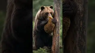 The bear enjoys a sweet treat, eating honey and bees from a hive#bear #animals #nature #wildlife