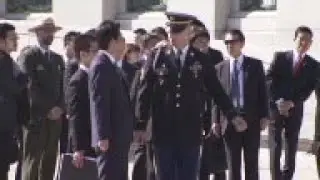 Japanese Prime Minister Shinzo Abe laid a flower wreath at the World War II memorial in Washington o