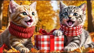 Two adorable kittens enjoying a magical autumn moment with a cute surprise gift 🎁🍁