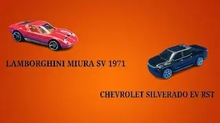 Hot wheels, abriendo Chevrolet Silverado EV RST y lamborghini miura SV de 1971