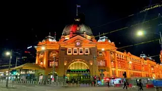 Flinders Street at Midnight & Yarra River Lights, Melbourne, Australia