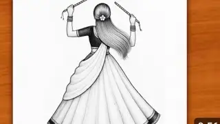 How to draw girl with dandiya dance|Easy Pencil Sketch of Girl Playing Dandiya. Navratri Art Tutoria