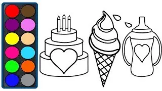 How to Draw Water Bottle, Ice Cream and Birthday Cake - Coloring Pages For Kids - Drawing for Kids