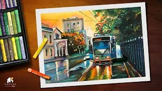 Oil Pastel City Drawing with tram / City Drawing Step by Step With Oil Pastel
