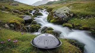 Crisp handpan notes, warm tails, and constant river stream ambience | handpan music