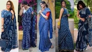 Office Wear Indigo Cotton Saree Designs || Work Wear Saree Styling Ideas || Indigo Saree Designs