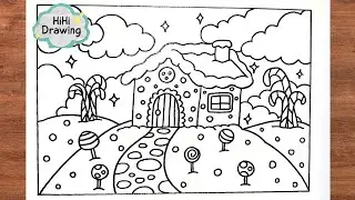 How to Draw a Gingerbread House Scene | Easy Drawing Step by Step