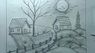 How to draw nature house.  Beautiful mountains house easy step by step.  Draw village landscape scen