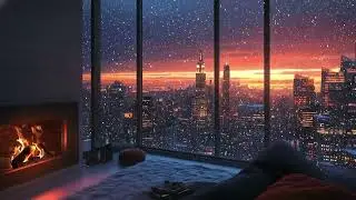 New York City Winter Sunset Ambience with Falling Snow and Cozy Fireplace Sounds