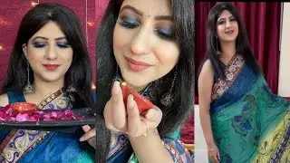 Diwali Glam Makeup Tutorial 2021 | Blue Black Smokey Eye Makeup with Green eyeliner effect | Amazon