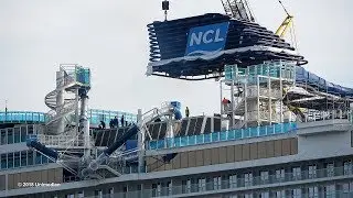 NORWEGIAN BLISS | spectacular installation of the funnel directly after float out | 4K-Quality-Video