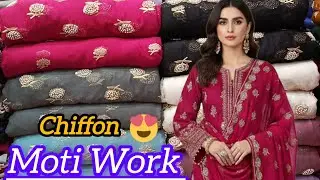 Soft Chiffon heavy Moti Work embroidery 3 piece suit fancy wedding Collection..
