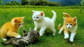 Cute Cat Family Exploring Outdoors | Kittens Playing on Grass