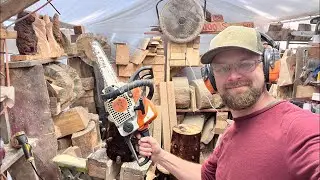 Kyle Hall woodworker is chainsaw carving pumpkins